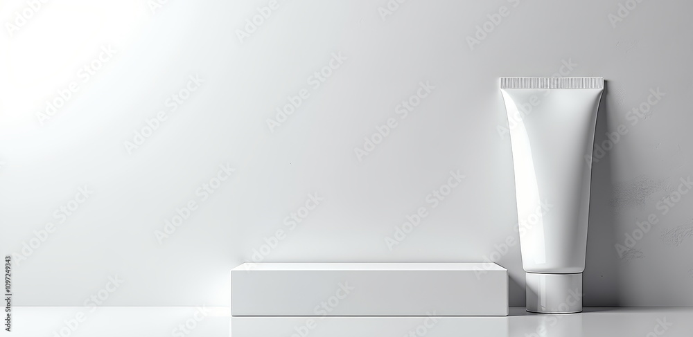 White cosmetic tube on minimalist background White cosmetic tube on minimalist background