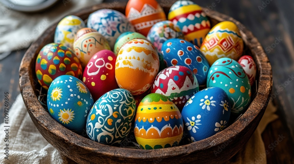 Vibrant Collection of Hand-Painted Easter Eggs in Rustic Bowl Vibrant Collection of Hand-Painted Easter Eggs in Rustic Bowl