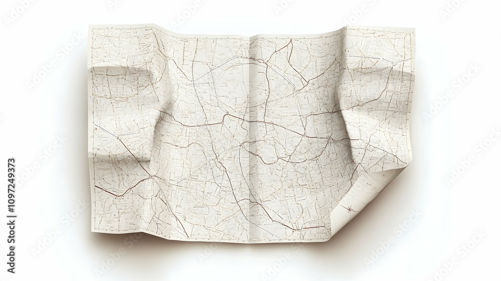 Crumpled paper map with roads and streets, isolated on white background. Crumpled paper map with roads and streets, isolated on white background.