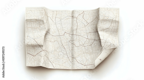 Crumpled paper map with roads and streets, isolated on white background.