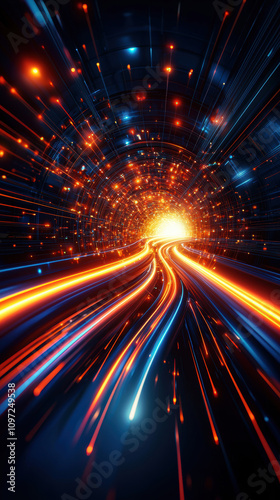 Data Flow Pipeline Integration Concept. A vibrant tunnel of light with radiant colors and dynamic lines, suggesting speed and energy, leading towards a bright, glowing center.