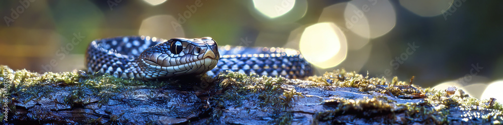A snake resting on a mossy log, its scales reflecting the sunlight. A snake resting on a mossy log, its scales reflecting the sunlight.
