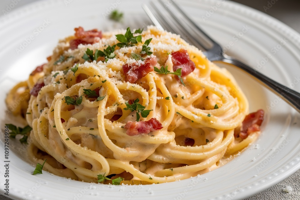 Classic Spaghetti Carbonara on White Plate Classic Spaghetti Carbonara on White Plate