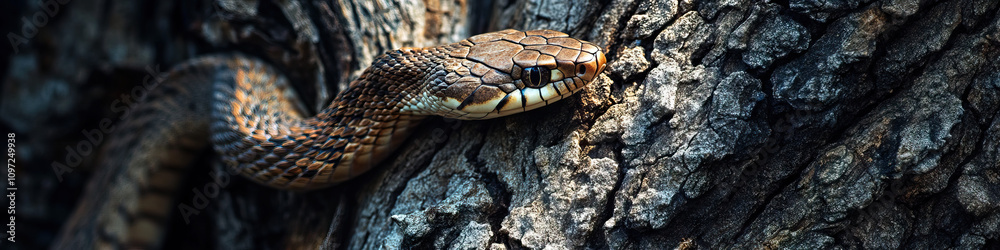 A snake climbing up a tree trunk, its muscular body gripping the bark tightly. A snake climbing up a tree trunk, its muscular body gripping the bark tightly.