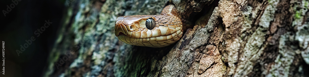 Fototapeta premium A snake climbing up a tree trunk, its muscular body gripping the bark tightly.