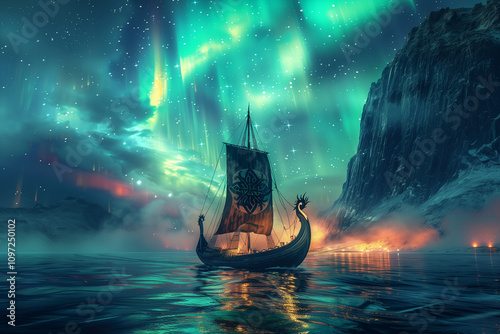 A Viking ship under the northern lights. AI Generated photo