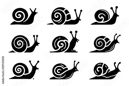 Collection of Stylized Snail silhouettes Illustrations.Black and White Snail