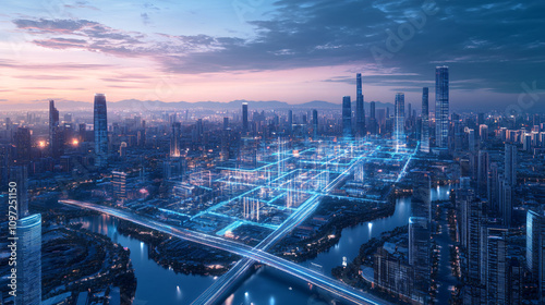 Futuristic network linking buildings and roads in a smart city at dusk, representing interconnectedness and technological progress photo