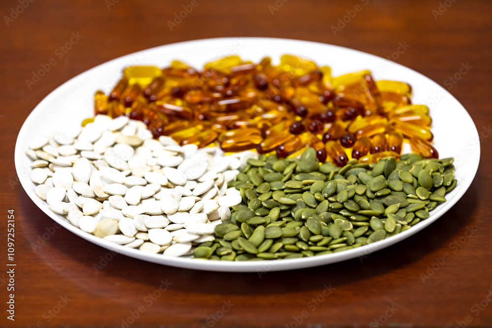 Pumpkin seeds in various versions, seed oil rich in nutrients for prostate treatment, men's health, magnesium, cardiovascular. Pumpkin seeds in various versions, seed oil rich in nutrients for prostate treatment, men's health, magnesium, cardiovascular.
