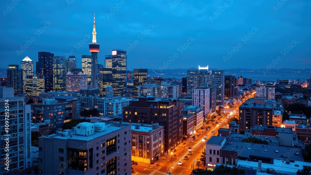 Obraz premium Generative AI, Dynamic Urban Skyline at Dusk