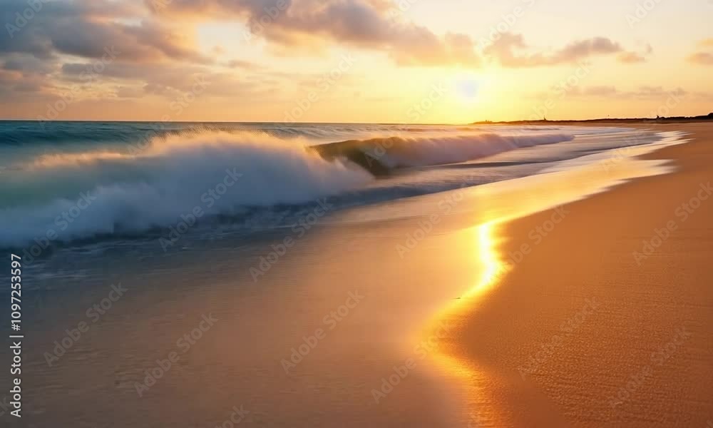 Close up sea waves splashing golden sand beach. Closeup water surface reflecting yellow sunset dusk. Orange sun light reflection in calm ocean waves at morning sunrise dawn Close up sea waves splashing golden sand beach. Closeup water surface reflecting yellow sunset dusk. Orange sun light reflection in calm ocean waves at morning sunrise dawn