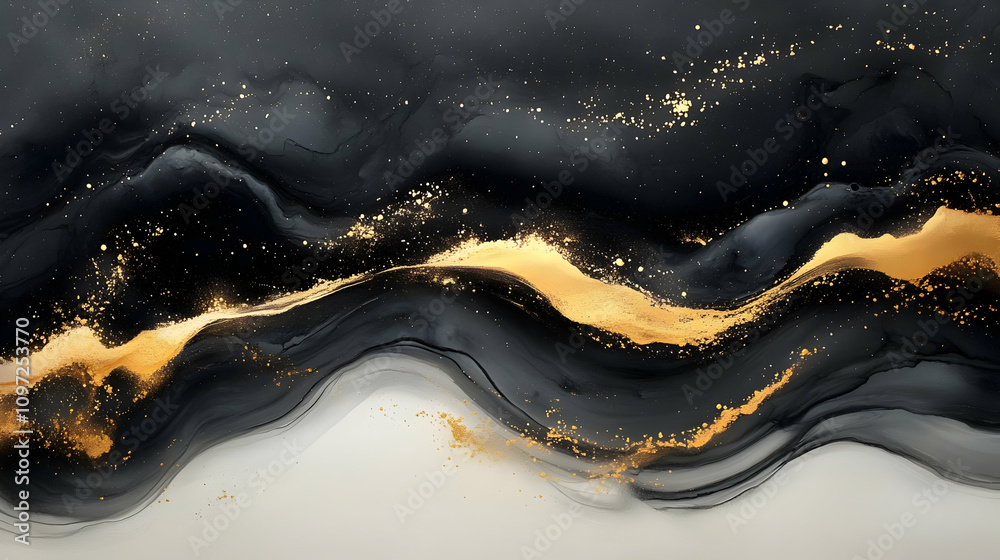 Abstract Gold and Black Ink Waves Background Abstract Gold and Black Ink Waves Background