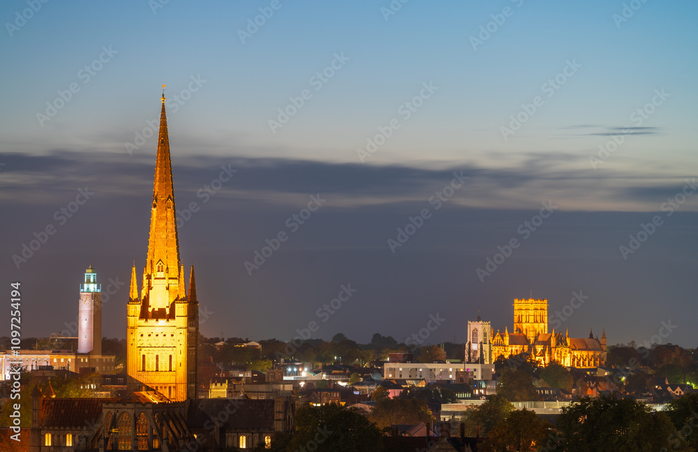 Norwich cathedral at dusk in Norwich. England