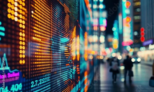 Close-up of stock market screen showing rising stocks and vibrant financial data