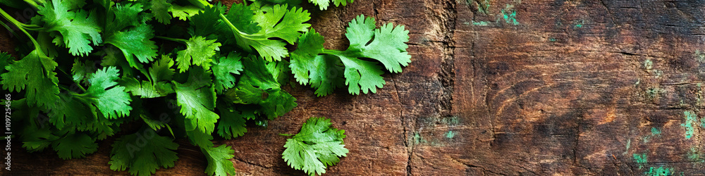 A freshly-picked bunch of cilantro, lovingly displayed on a vintage wooden cutting board. A freshly-picked bunch of cilantro, lovingly displayed on a vintage wooden cutting board.