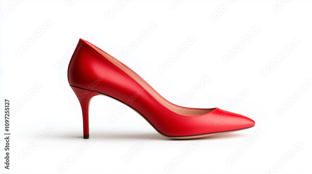 Elegant red high heel shoe with sleek design and pointed toe. Perfect for formal occasions and stylish outfits, on white background. Elegant red high heel shoe with sleek design and pointed toe. Perfect for formal occasions and stylish outfits, on white background.