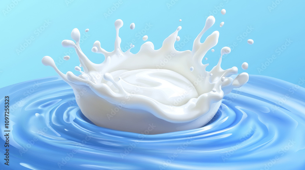 Milk splash or pouring realistic vector illustration. Natural dairy products, yogurt or cream in crown splash with drops or various swirls, for packaging design isolated on blue background Milk splash or pouring realistic vector illustration. Natural dairy products, yogurt or cream in crown splash with drops or various swirls, for packaging design isolated on blue background