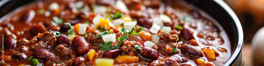 Chili Con Carne: A bubbling pot of spicy beef chili, studded with kidney beans, diced onions, and a generous sprinkle of cheddar cheese.