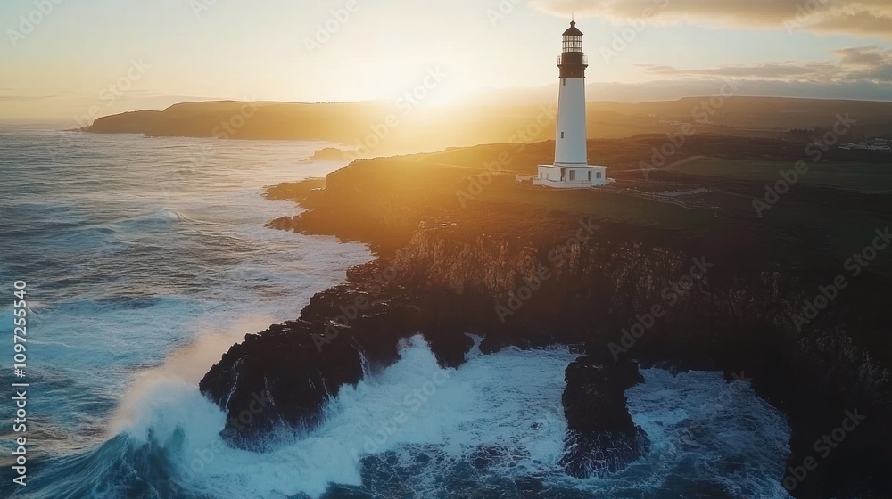 Fototapeta premium Lighthouse Stands Tall Against Sunset Ocean Waves