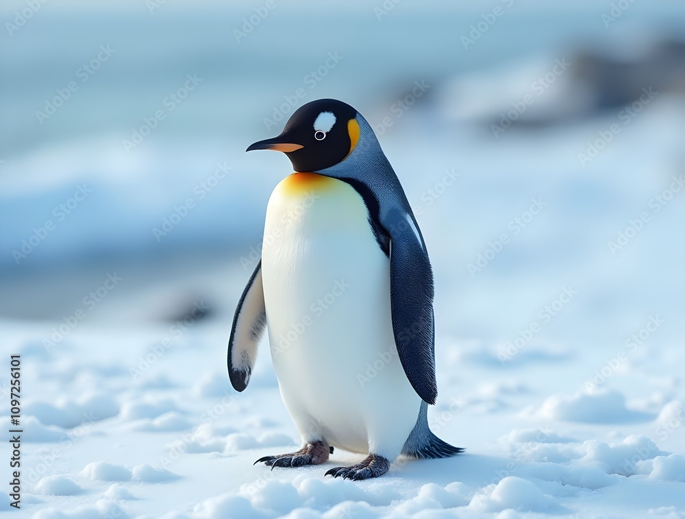 Fototapeta premium A penguin standing on a snowy ground with a blurred background of snow covered hills and mountains.
