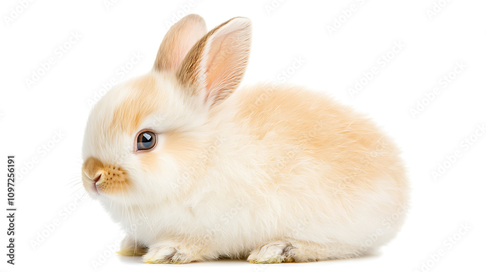 Obraz premium fluffy white bunny with soft fur sits gracefully against white background, exuding sense of calm and innocence. This adorable creature captures essence of cuteness and charm