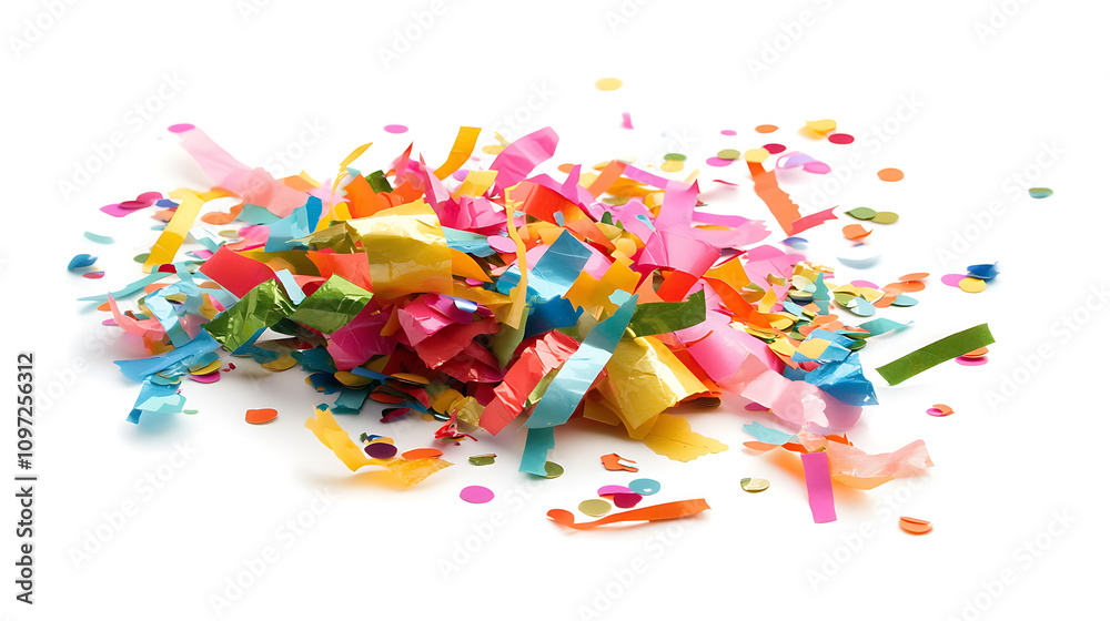 Colorful confetti scattered on white background, creating festive atmosphere. Perfect for celebrations, parties, and joyful events Colorful confetti scattered on white background, creating festive atmosphere. Perfect for celebrations, parties, and joyful events