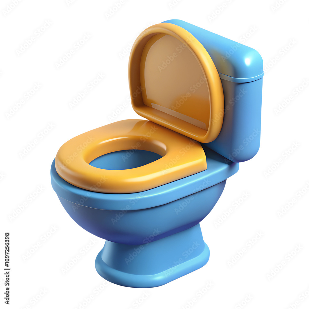 Colorful 3D illustration of a modern blue and orange toilet with a raised lid on a transparent background, highlighting bold design and vibrant color contrast. Colorful 3D illustration of a modern blue and orange toilet with a raised lid on a transparent background, highlighting bold design and vibrant color contrast.