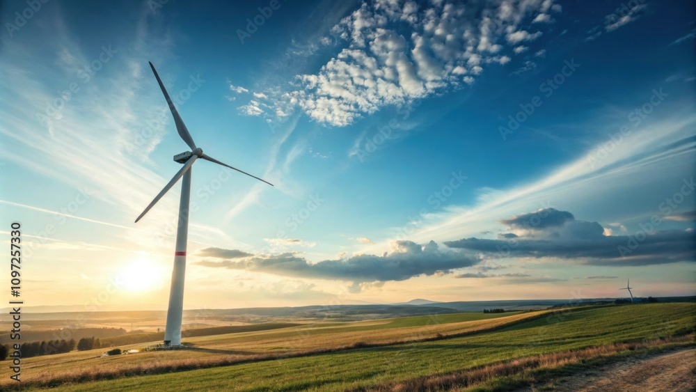 Obraz premium A wind turbine spinning gracefully against a clear blue sky.