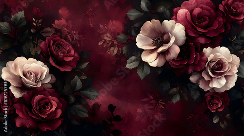 Fototapeta Naklejka Na Ścianę i Meble -  Burgundy Rose Illustration Dark Floral Background