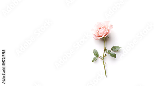 delicate pink pastel rose isolated on white background, showcasing its soft petals and green leaves, perfect for floral arrangements or romantic themes