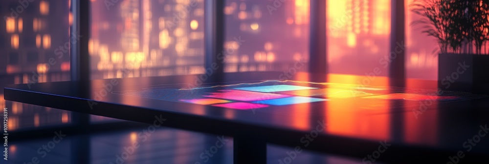 Modern office desk with glowing interactive display against a city skyline backdrop. Modern office desk with glowing interactive display against a city skyline backdrop.