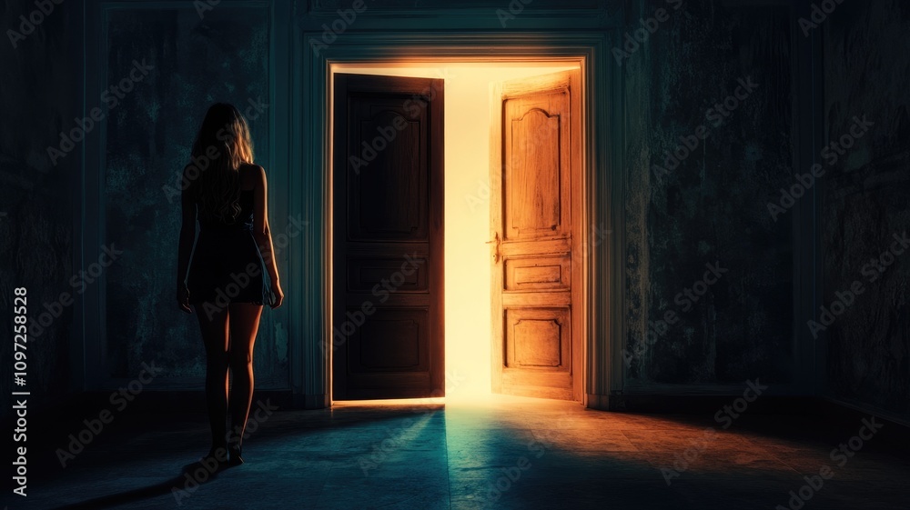 Woman standing in dim room with open door emitting warm light Woman standing in dim room with open door emitting warm light