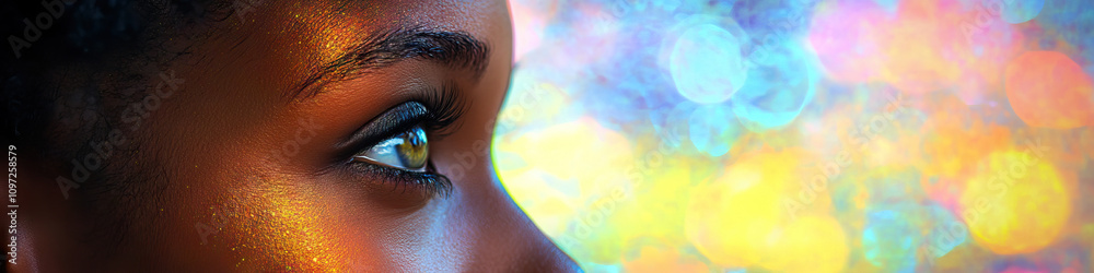 An African American woman's face, gazing ahead with hope and determination, against a vivid and abstract skyline. An African American woman's face, gazing ahead with hope and determination, against a vivid and abstract skyline.