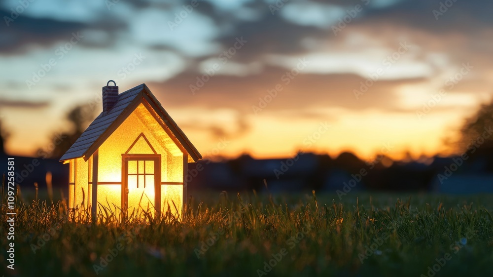 Illuminated miniature house on grass field at sunset Illuminated miniature house on grass field at sunset
