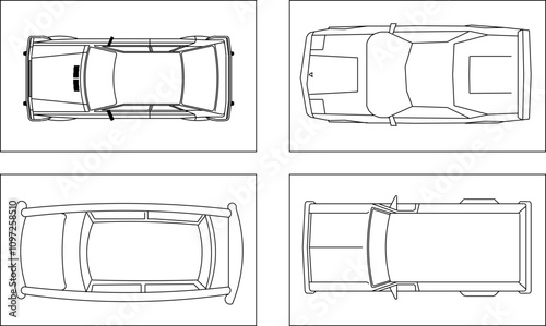 Vector sketch illustration silhouette design drawing detail of simple private car vehicle top view 