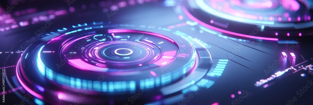 Close-up of a futuristic interface with glowing neon lights. Close-up of a futuristic interface with glowing neon lights.