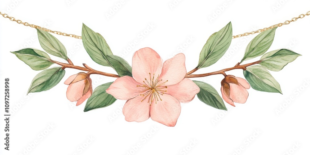 Delicate pink flowers with green leaves on branch design Delicate pink flowers with green leaves on branch design