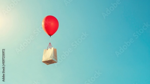 Red balloon carries shopping bag against clear blue sky