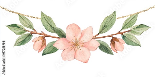 Delicate pink flowers with green leaves on branch design