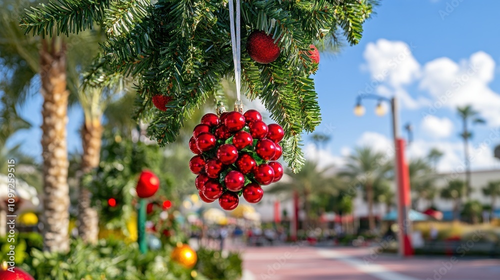 Red Christmas Ornament Hanging From Green Tree Branch Red Christmas Ornament Hanging From Green Tree Branch