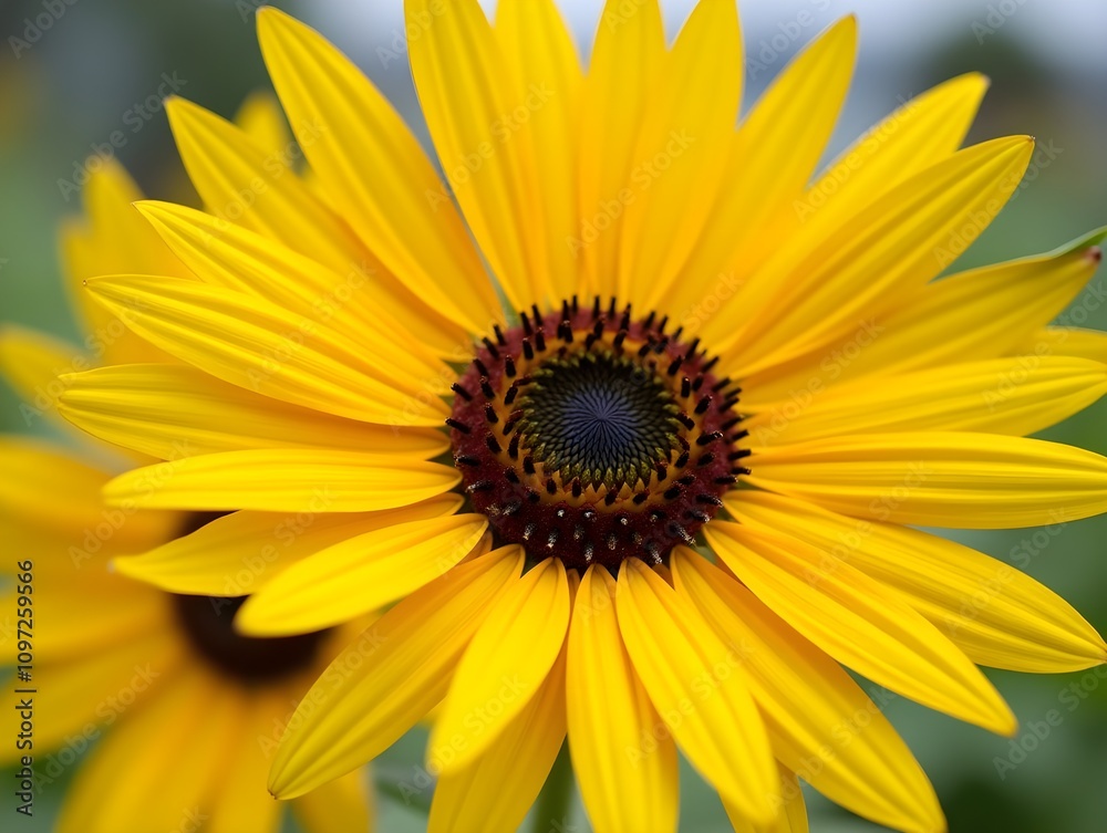 A vibrant yellow sunflower with its large petals framing a dark center, prominently displayed A vibrant yellow sunflower with its large petals framing a dark center, prominently displayed