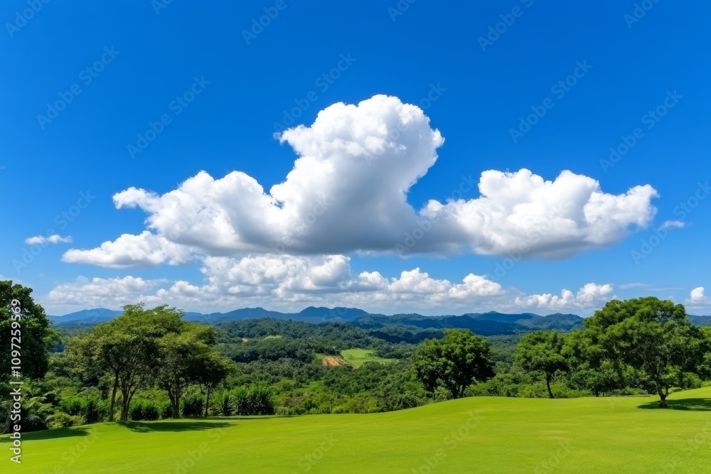 A clear azure sky with soft, fluffy clouds drifting over a serene mountain range A clear azure sky with soft, fluffy clouds drifting over a serene mountain range