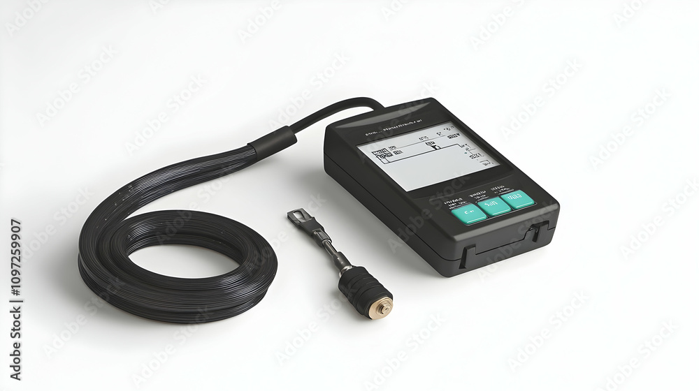 Digital handheld device with a probe and coiled cord on a white background. Digital handheld device with a probe and coiled cord on a white background.