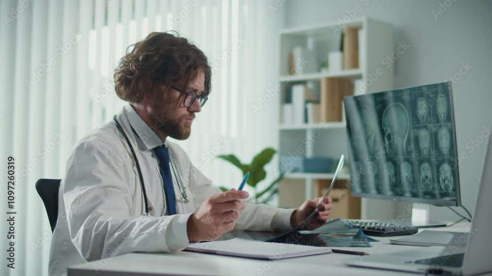 A Doctor Works, Analyzing X-rays and CT Scans on a Computer Screen He Reviews Digital Medical Data to Provide Accurate Diagnoses and Treatment Plans. Concept of Medical Professionalism and Expert Care A Doctor Works, Analyzing X-rays and CT Scans on a Computer Screen He Reviews Digital Medical Data to Provide Accurate Diagnoses and Treatment Plans. Concept of Medical Professionalism and Expert Care