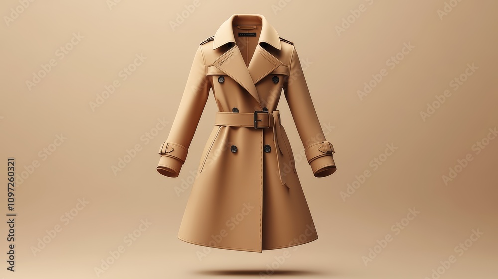 A beige trench coat with a belt, double breasted, and black buttons on a beige background. A beige trench coat with a belt, double breasted, and black buttons on a beige background.