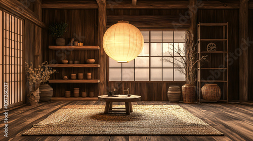 Minimal japanese style room with tatami mat, wooden furniture, and paper lamp interior design