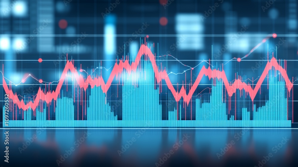 A blue and red line graph on a digital screen showing data, growth, and a market trend with a slight downward trend in the middle.