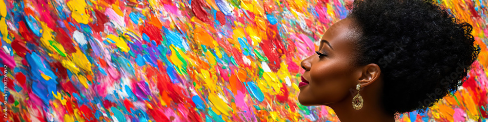 An African American woman standing before a field of bright, bold hues, radiating optimism. An African American woman standing before a field of bright, bold hues, radiating optimism.