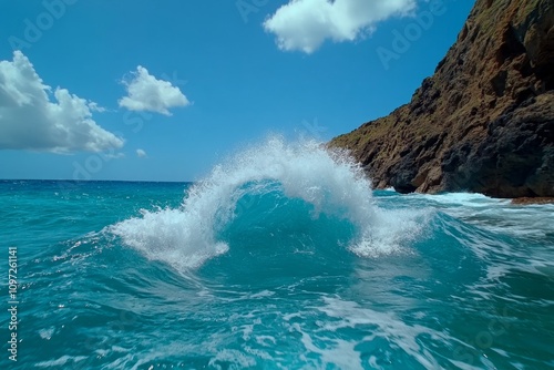 A dramatic shot of waves crashing against basalt rock formations at Mosteiros Beach