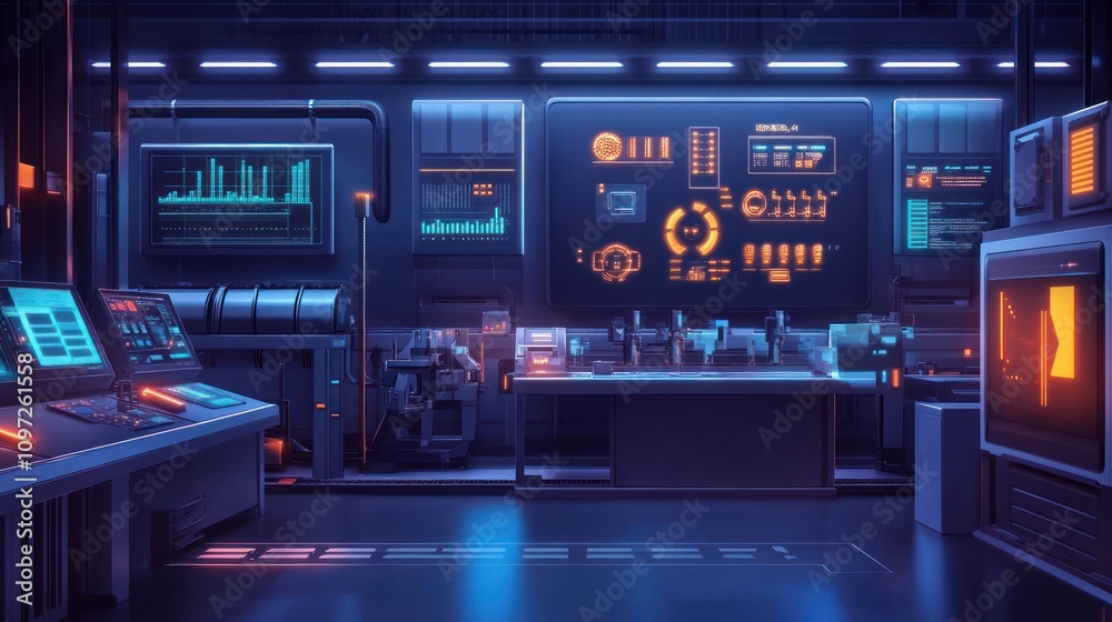 Smart factory interior, IoT-connected machines, holographic displays for monitoring Smart factory interior, IoT-connected machines, holographic displays for monitoring